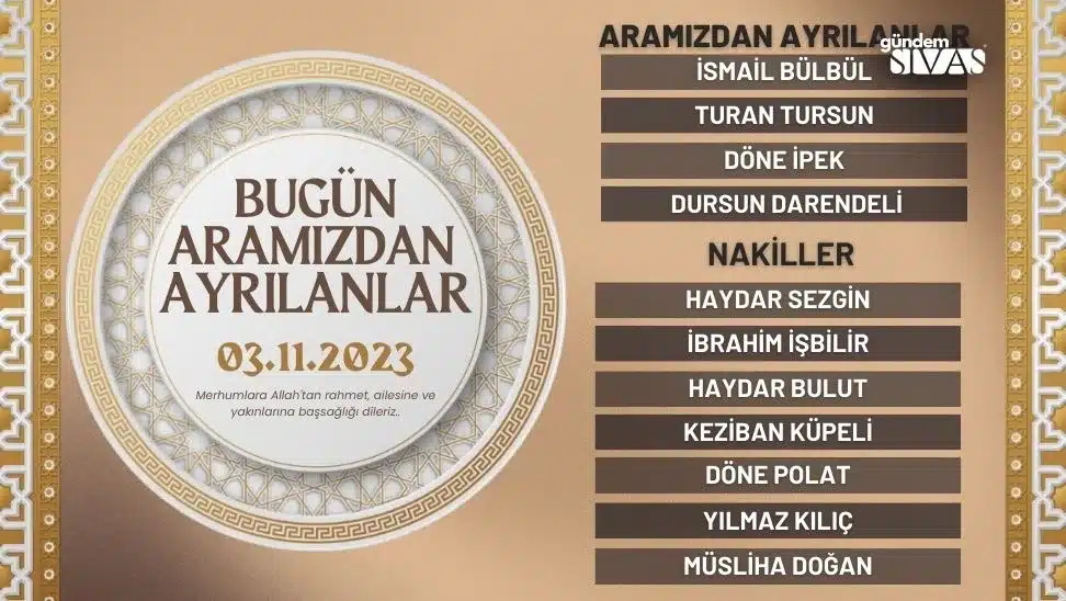 Sivas’ta Aramızdan Ayrılanlar – 03.11.2023