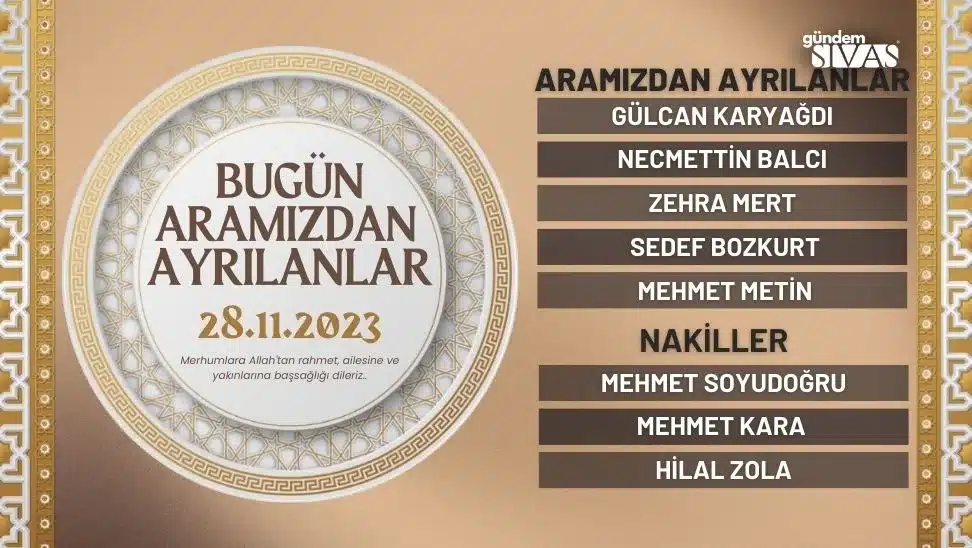 Sivas’ta Bugün Aramızdan Ayrılanlar – 28.11.2023