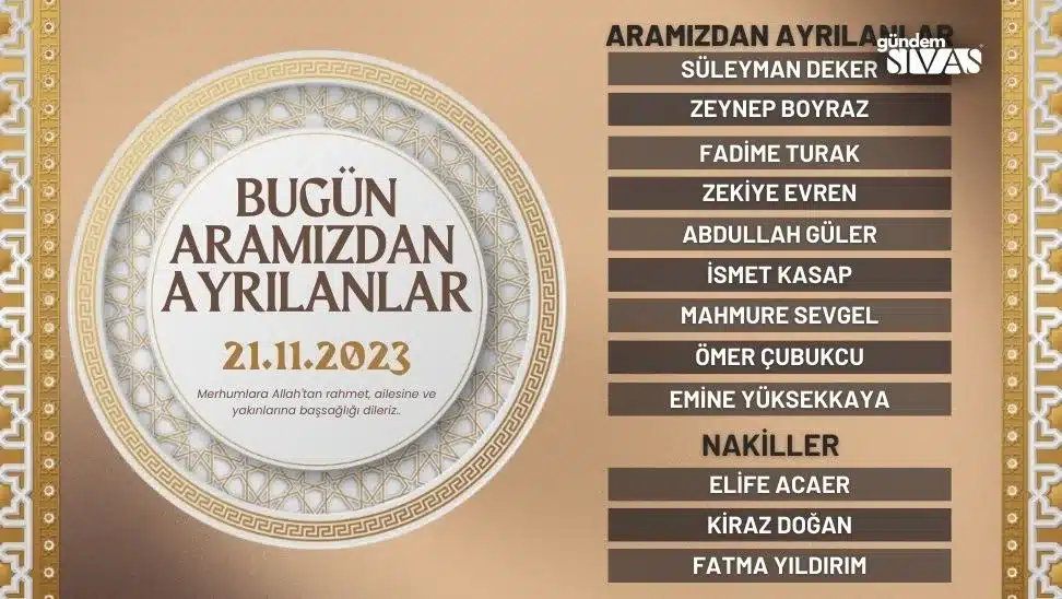 Vefat Edenler Sivas – 21.11.2023